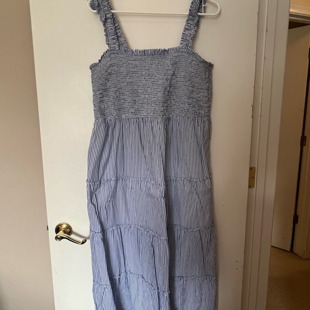 J. Crew Blue and White Striped Smocked Dress with ruffle straps